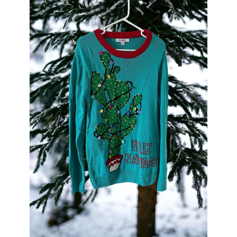 Imagin8 Mens Medium Ugly Christmas Sweater Feliz Navidad Christmas Cactus!